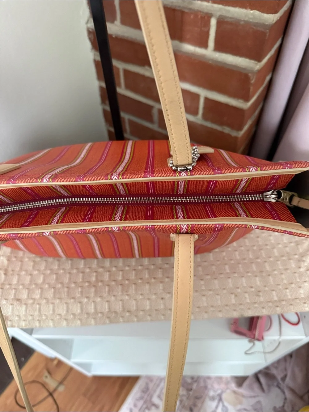Coach Pink and Orange Striped Canvas Tote with Tan Leather Handles